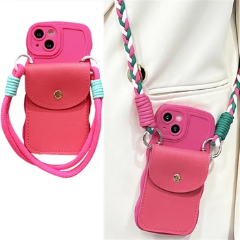Роскошный милый кожаный кошелек на шнурке через плечо, розово-красный волнистый жидкий чехол для телефона для iPhone 14 Pro Max 13 12, чехол на шнурке через плечо,