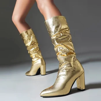 2023, Осенне-Зимние Новые Женские ботинки Большого размера с длинным рукавом, Однотонные Женские ботинки, золотые блестящие Модные Пикантные Женские ботинки