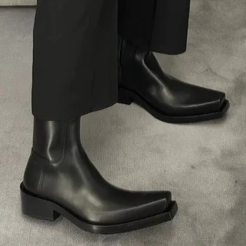 2023 Новые Кожаные ботинки с толстой подошвой, женские черные Рыцарские ботинки с боковой молнией, женские ботинки Челси с квадратным носком в британском стиле