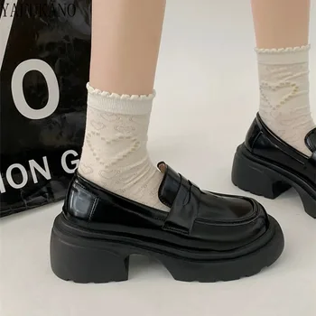Лоферы на массивном каблуке в британском стиле в стиле ретро, маленькие кожаные туфли на толстой подошве и платформе, модные женские туфли-лодочки с увеличенным ростом на 6 см