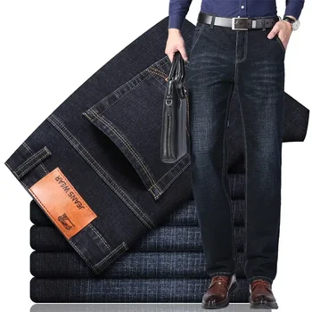 Новые мужские повседневные джинсы из денима Regular Fit, эластичные брюки с прямыми штанинами, модные стрейчевые длинные брюки, Большие размеры 28-40