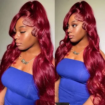 13x4 Бесклеевые парики из человеческих волос 99j красного цвета с кружевом спереди бордового цвета, предварительно выщипанный парик с объемной волной, Бордовый парик с кружевом спереди для женщин