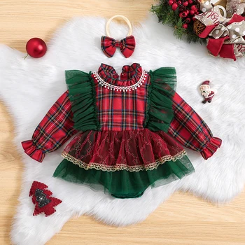 0-24 м, милые Рождественские боди для маленьких девочек, красный комбинезон в клетку с длинным рукавом и принтом, одежда для новорожденных, комбинезоны, повязка на голову