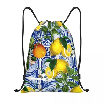 Средиземноморский Лимон на синей керамической плитке Рюкзак на шнурке Спортивная спортивная сумка для женщин и мужчин Летний Рюкзак для покупок из цитрусовых