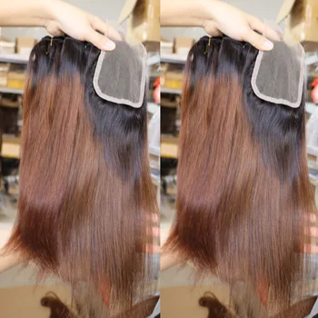 Оптовые Бразильские Пучки человеческих волос Virgin с кружевной застежкой, Прямое Омбре 1B Коричневого цвета, Двойное Плетение Утка из волос