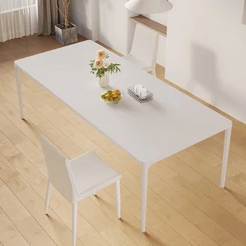 Обеденный стол из чистого белого сланца главная маленькая квартира алюминиевый сплав минималистский обеденный стол сочетание стульев кремовый стиль прямоугольник