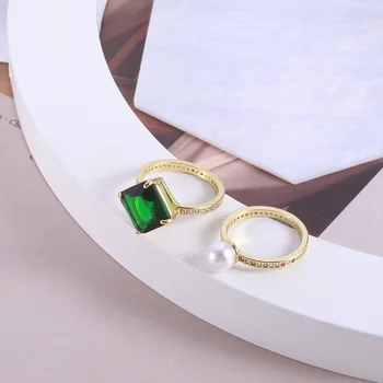Модный тренд в европейском и американском стиле, Зеленый Квадратный Цветной Драгоценный камень, жемчужное кольцо из двух частей, женское Кольцо