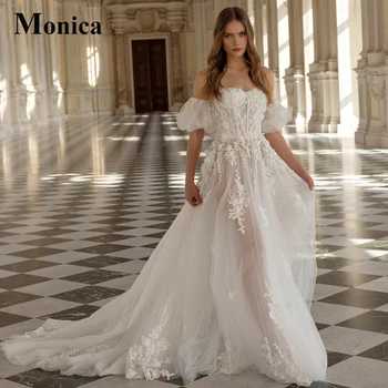MONICA Привлекательные Свадебные платья трапециевидной формы для женщин с рукавами-фонариками и аппликацией на спине в виде сердца, Vestidos De Novia, Выполненные на заказ