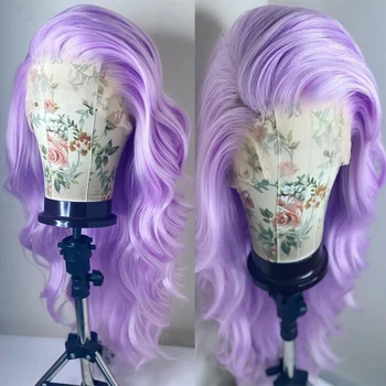 Фиолетовый цвет Синтетический парик на кружеве для женщин, Термостойкие волосы, естественная волна, свободная часть, косплей, Бесклеевые парики из волокна