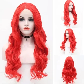 FANXITION Красные синтетические парики на кружеве спереди со средней частью, натуральные волосы, длинные парики с объемной волной на Хэллоуин, косплей или парик для повседневного использования