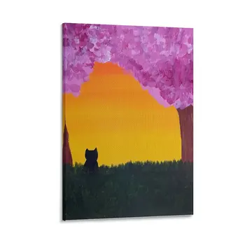 Искусство Черной кошки с Оранжевым Закатом и Деревьями с розовыми цветами Картина на холсте эстетическая комната аниме плакаты