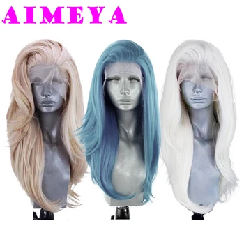 Пепельно-голубой кружевной парик AIMEYA Термостойкий синтетический кружевной парик спереди с длинной натуральной волной, смешанные светлые кружевные парики розового цвета для ежедневного использования для косплея