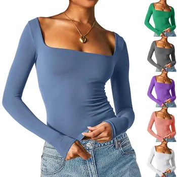 2023 Новая женская одежда, однотонная футболка с длинным рукавом и квадратным воротником, облегающая фигуру, топ-основа