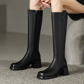 Модные женские сапоги до колена из натуральной кожи С круглым носком, Женская обувь на толстом каблуке, осень-зима, вечерние, повседневные