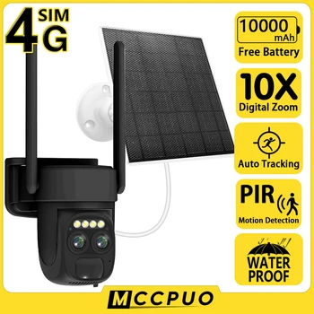 Mccpuo 4K 8MP 4G PTZ Двухобъективная WIFI Солнечная камера Аккумулятор PIR Отслеживание человека Наружная камера видеонаблюдения IP-камера