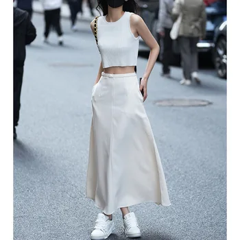 Белая юбка из полушерсти, новая женская тонкая юбка трапециевидной формы с высокой талией, юбка средней длины, юбка-зонтик