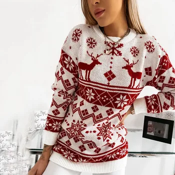 Красный Рождественский пуловер, Женский праздничный свитер, Вязаный свитер, Рождественская елка, свитшоты со снежинками, Пуловеры, Зимняя одежда Для женщин