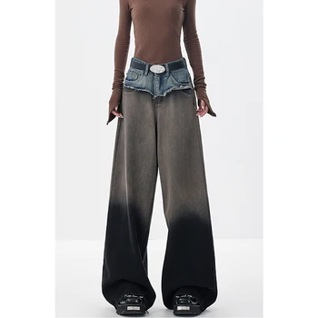 Джинсовые брюки в стиле пэчворк с высокой талией в американском уличном стиле, модные женские мешковатые широкие джинсовые брюки Y2K 2024 года, женская одежда