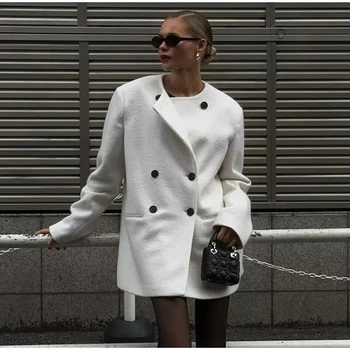TRAF Женское Твидовое белое пальто с круглым вырезом и длинным рукавом Двубортное пальто Женский свободный блейзер Уличная Повседневная женская верхняя одежда