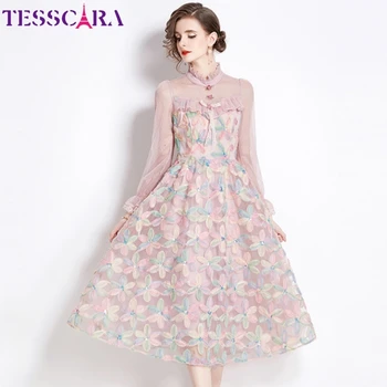 Женское Весеннее Элегантное Кружевное платье TESSCARA, Высококачественное Розовое Свадебное Коктейльное платье, Винтажное Дизайнерское Сетчатое платье для цветочницы
