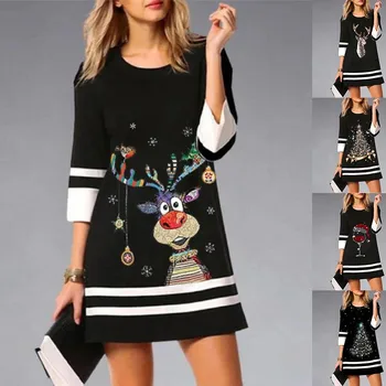Женское платье 2023 года, Новый женский пуловер с рождественским принтом, рукава 3/4, круглый вырез, хлопковый повседневный Универсальный модный стиль для поездок на работу