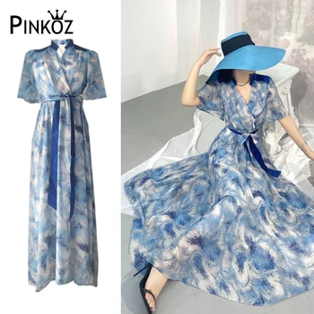 Pinkoz женское дизайнерское новое модное шифоновое платье макси с синим принтом в стиле пэчворк, короткий рукав, v-образный вырез, на шнуровке, элегантный жилет, пояс