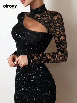 Женские платья с пайетками Circyy, черное прозрачное кружевное облегающее платье с длинным рукавом и вырезами, роскошное блестящее платье с блестками