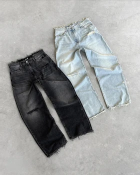 Y2K Новые джинсы Ретро Рваные джинсы с необработанным краем, мужские уличные джинсы в стиле хип-хоп, Модные Прямые джинсы Harajuku, женские брюки