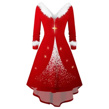 Платья для женщин 2024 Рождественский плюшевый воротник С длинными рукавами Повседневное элегантное платье для вечеринок Женское вечернее платье