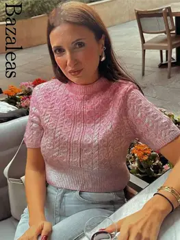 Официальный весенний укороченный топ 2023 Women traf zbza, элегантный Розовый металлический вязаный пуловер, укороченный свитер Y2K, мировой магазин