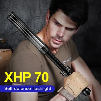 Телескопическая дубинка для самообороны, светодиодный фонарик Cree Xhp70, светодиодный тактический фонарик 18650, перезаряжаемая дубинка для самообороны, ручной фонарь