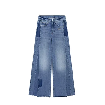 Женские джинсы, новые джинсы в стиле пэчворк, большие расклешенные брюки, винтажная уличная одежда на молнии, карман на широких штанинах, кисточки, джинсовые брюки со средней талией
