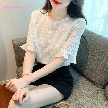 Женская белая блузка с расклешенными рукавами в корейском стиле, летняя милая элегантная шифоновая рубашка-топ