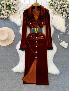 Высококачественное Новейшее Осенне-Зимнее Дизайнерское Платье 2024 года С Разрезным Воротником, Бархатное Платье