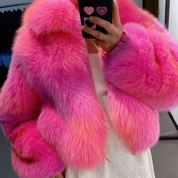 YOLOAgain 2023 Зимняя модная Ярко-розовая куртка из натурального лисьего меха Для женщин, высококачественная женская куртка-бомбер с градиентным лисьим мехом Оверсайз Оверсайз