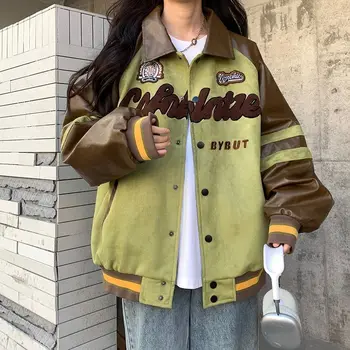 Y2k Винтажная Женская Университетская куртка с вышивкой букв, бейсбольная одежда, осенняя женская куртка-бомбер Оверсайз, повседневные уличные куртки