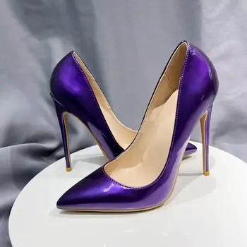 Фиолетовые женские туфли на высоком тонком каблуке 12 см, вечерние туфли для ночных клубов, тонкие туфли с острым носком, женские размеры 33-45