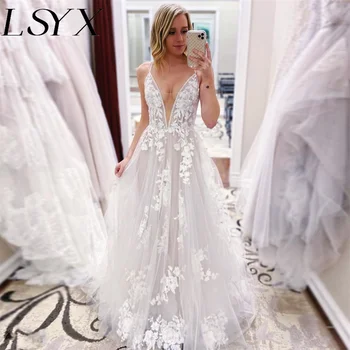 LSYX Глубокий V-образный вырез, без рукавов, аппликации, белое свадебное платье из тюля трапециевидной формы, свадебное платье с открытой спиной и шлейфом, сшитое на заказ