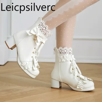 Осенне-зимние модные женские ботинки на высоком каблуке, милые кружевные ботинки с бабочкой и узлом в стиле Лолиты, современные ботинки на квадратном каблуке высотой 5 см