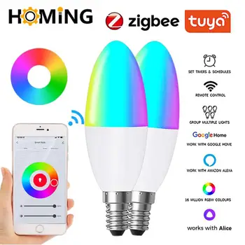 Светодиодная лампа Tuya WiFi ZigBee Smart Dimmable Bulb E14 GU10 RGB C W для приложения Smart Life Christmas Lights потолочный светильник Yandex Alice
