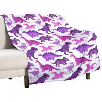 Новые розовые и фиолетовые акварельные динозавры на белом покрывале, плед на диван, одеяло для ребенка
