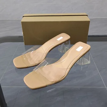 Женская обувь 2023, Летние новинки натурального цвета, тапочки на высоком каблуке, Сексуальные прозрачные босоножки с кристаллами на толстом каблуке Снаружи