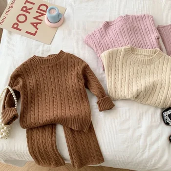 Комплект вязаной одежды для девочек, весенне-осенний хлопковый Корейский детский свитер, широкие брюки, детская одежда из 2 предметов, комплект детской одежды