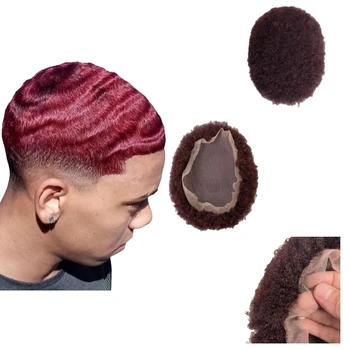 Малазийская Замена Человеческих Волос Virgin Бордовый Мужской Парик 8x10 Афро Кудрявый Локон Полный Кружевной Парик для Мужчин