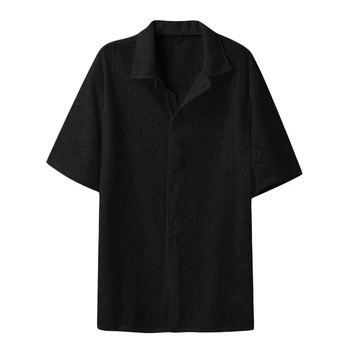 Мужская стильная рубашка с геометрическим принтом и коротким рукавом на пуговицах, модный Летний Повседневный топ свободного кроя.