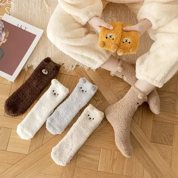 Женские Зимние Теплые Пушистые Носки Home Floor Sleep Kawaii 3D Медведь Милые Животные Толстый Флисовый Пушистый Носок Японская Мода Корейский Стиль