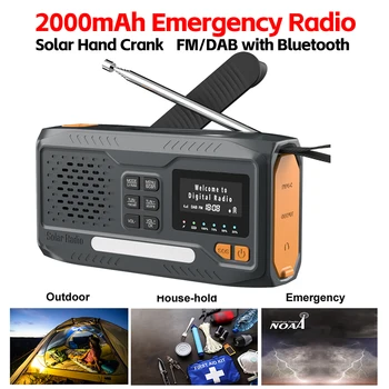 2000 мАч Аварийное радио FM / DAB Bluetooth Солнечный радиоприемник с рукояткой, фонарик с зарядкой SOS для кемпинга на открытом воздухе