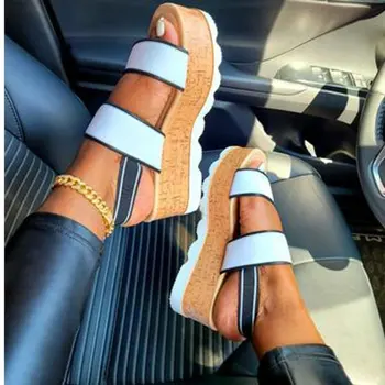 2022 Новые универсальные женские босоножки на высоком плоском каблуке с круглым носком и открытым носком с кольцом на ножке и пряжкой на ремешке на щиколотке